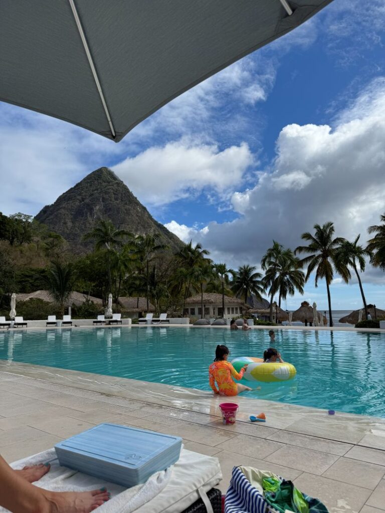Sugar Beach Viceroy resort pool with both St. Lucia Pitons visible in the background